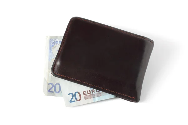 Brown wallet with euro bill isolated on white — Stock Photo, Image