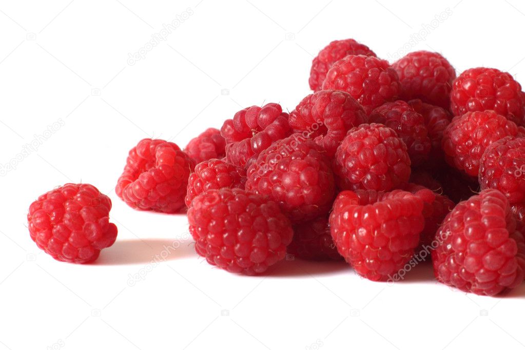 Fresh, juicy raspberries isolated on white background