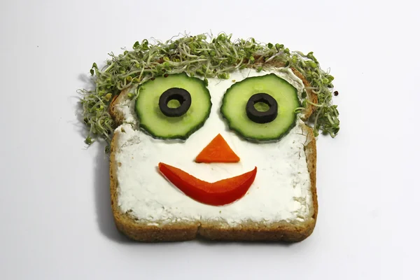 Face on sandwich, funny breakfast for kids — Stock Photo, Image