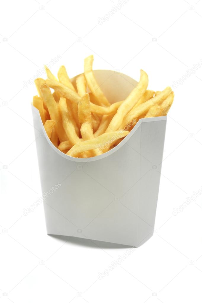 french fries in a white paper wrapper isolated on white backgrou