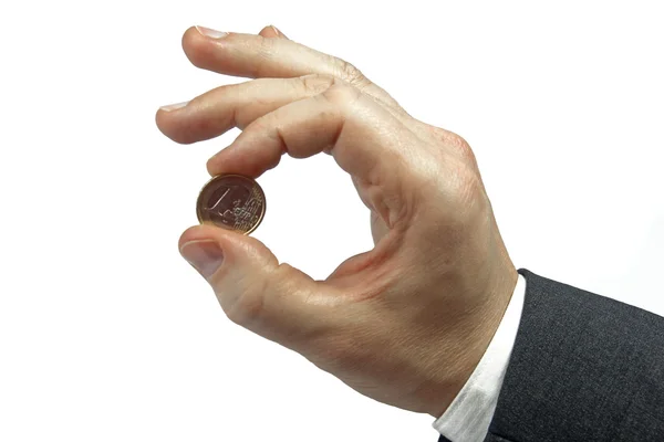 Persona de negocios mano sosteniendo una moneda de euro aislado sobre fondo blanco — Foto de Stock