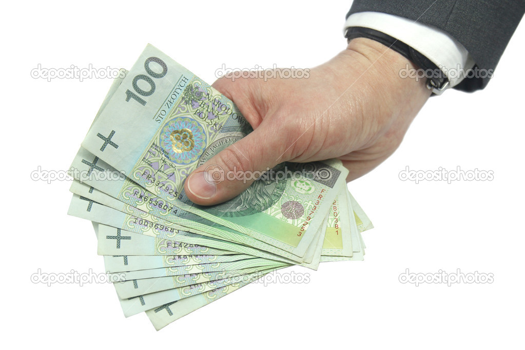 business person hand holding polish money isolated on white