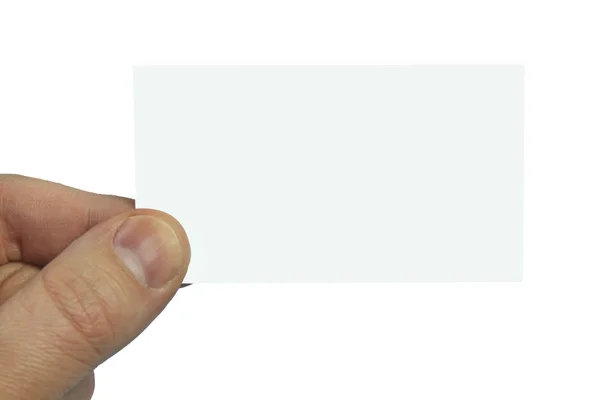 Mão homem segurando cartão de visita em branco isolado no branco — Fotografia de Stock