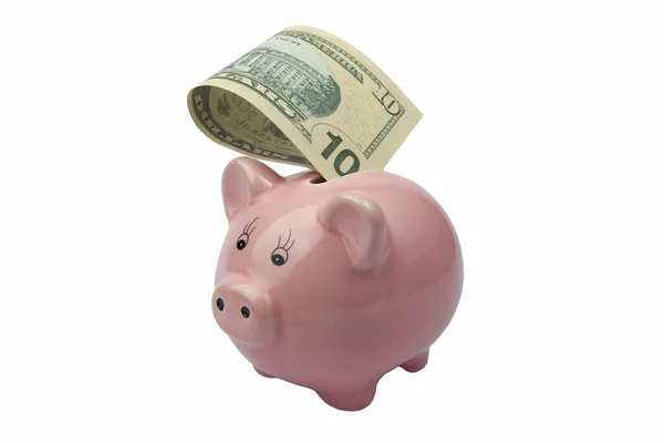 Pig bank with ten dollars banknote — Stock Photo, Image