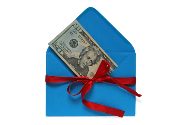 Dollars in blue envelope tied with red ribbon. money gift — Stock Photo, Image