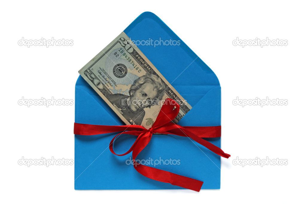 Dollars in blue envelope tied with red ribbon. money gift