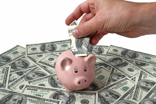 Male hand putting dollars into a piggy bank — Stock Photo, Image