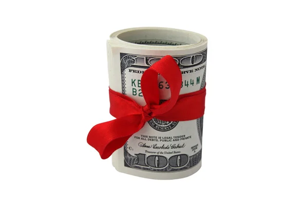 Roll of one hundred dollar bills tied with red ribbon isolated on white background — Stock Photo, Image