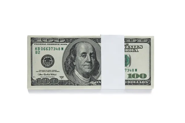 Balené 100 dolarové bankovky izolovaných na bílém pozadí — Stock fotografie