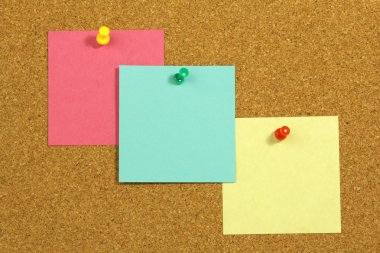 cork board üzerinde üç renkli boş not kartları