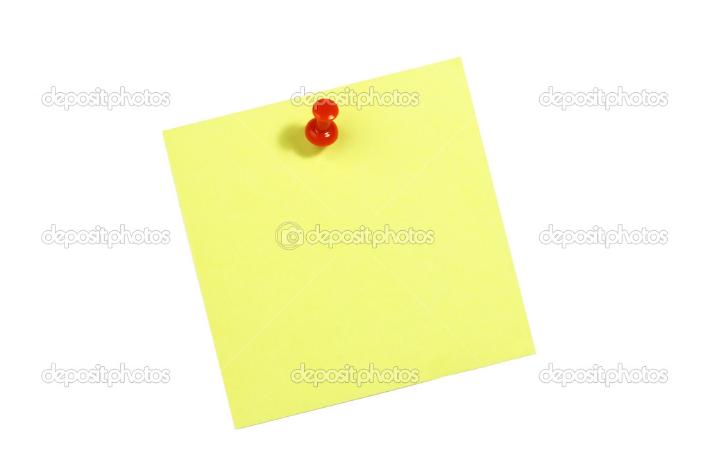 Yellow blank card with push pin on white background