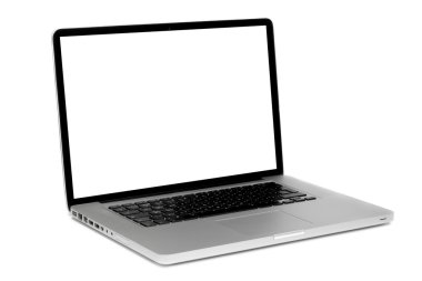Boş ekranlı laptop beyaz arkaplanda izole edildi