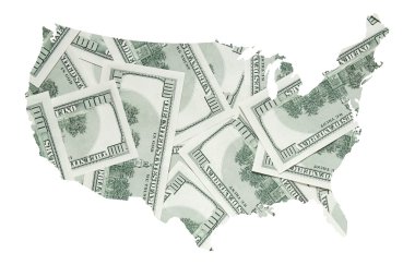 100 dolarlık banknotlar arka yüzü ile USA Haritası