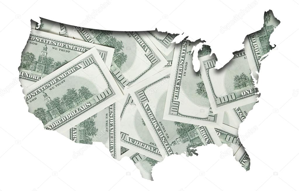 Map of USA with back side of one hundred dollars background