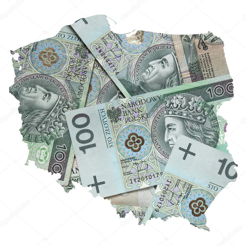 Poland map with polish hundred zloty banknotes background