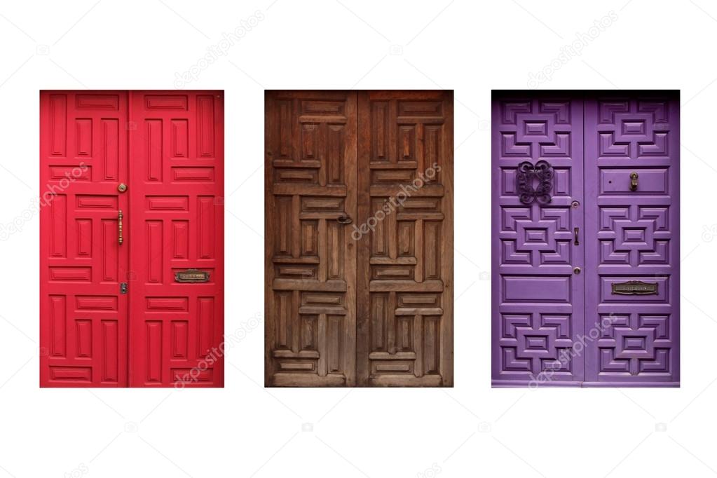 Three colorful mexican doors isolated on white background