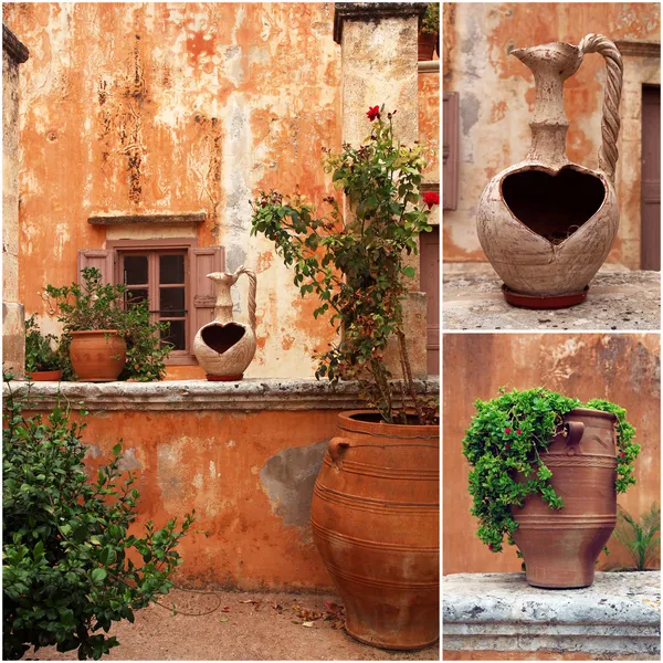 Uppsättning bilder från antika grekiska innergården med terrakotta krukor — Stockfoto