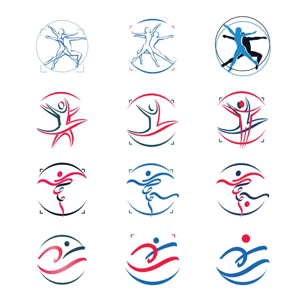 Fitness, dans elementen en pictogrammen met menselijke silhouetten. vector — Stockvector