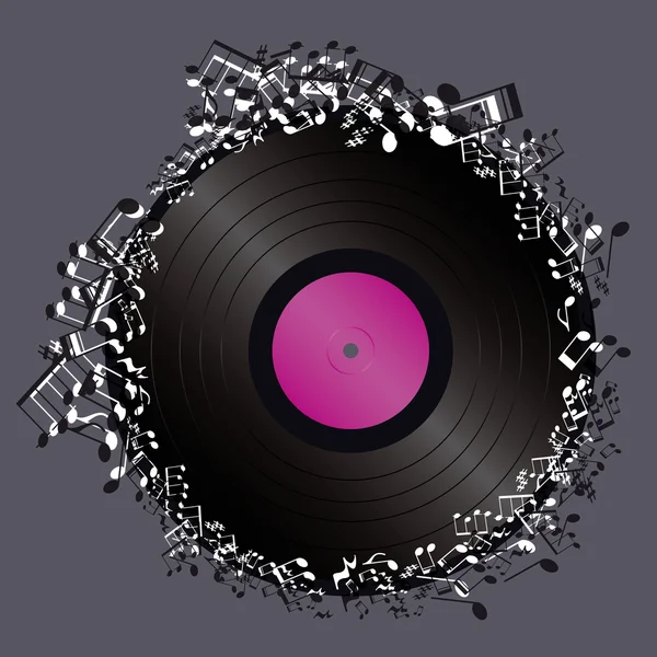 Vinyl obklopené hudebniny — Stockový vektor