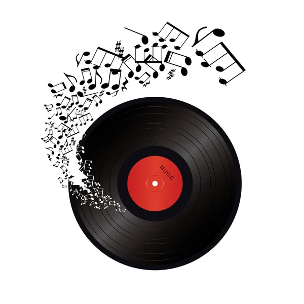 Music notes coming out of the hole in the vinyl — Stock Vector