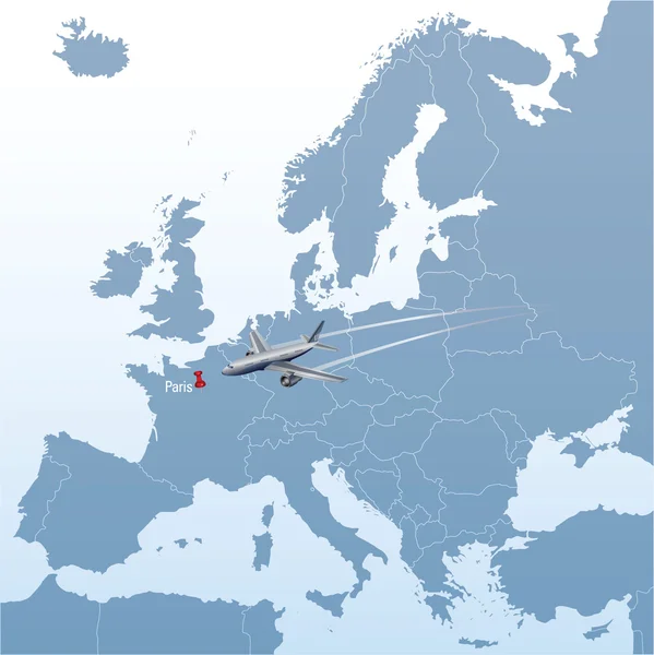 パリへのヨーロッパ飛行の地図上の平面 — ストックベクタ