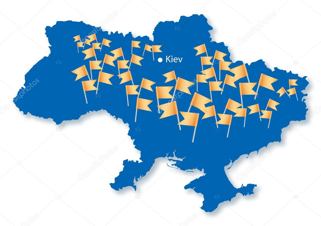 Blue map of Ukraine with many orange flags