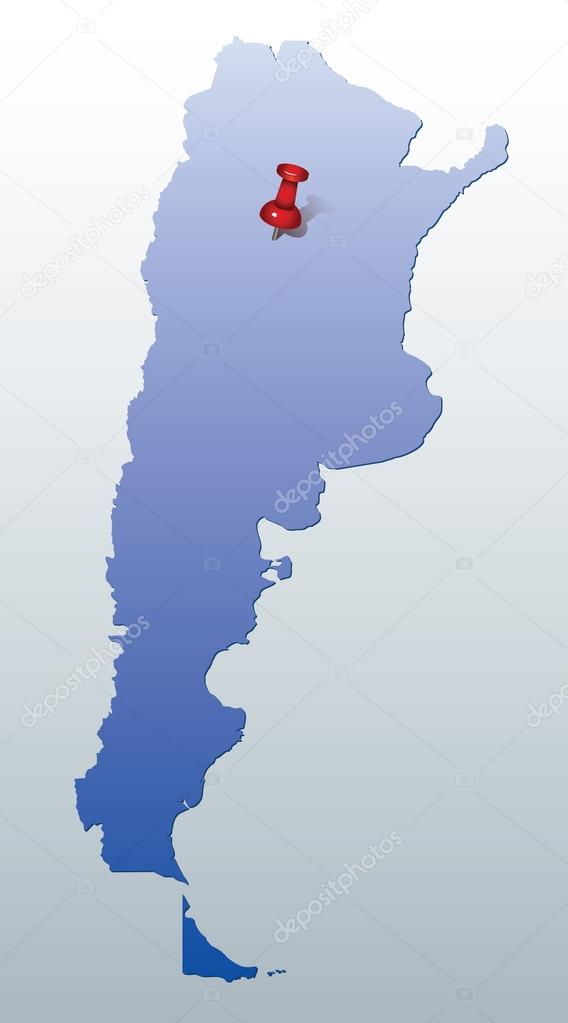 Blue map of Argentina with red push pin indicating the position of Buenos Aires
