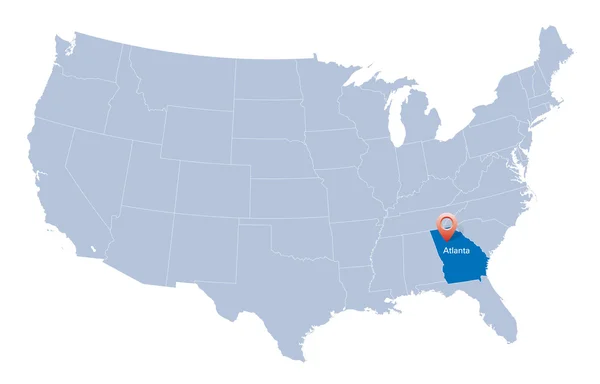 Mapa de Estados Unidos con la indicación de Estado de Georgia y ciudad de Atlanta — Archivo Imágenes Vectoriales