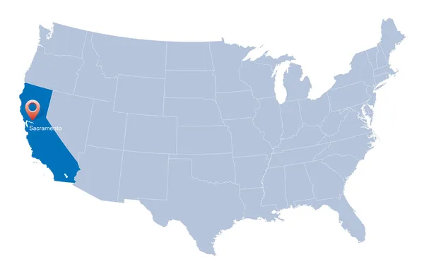 Mapa dos EUA com a indicação do Estado da Califórnia e Sacramento —  Vetores de Stock