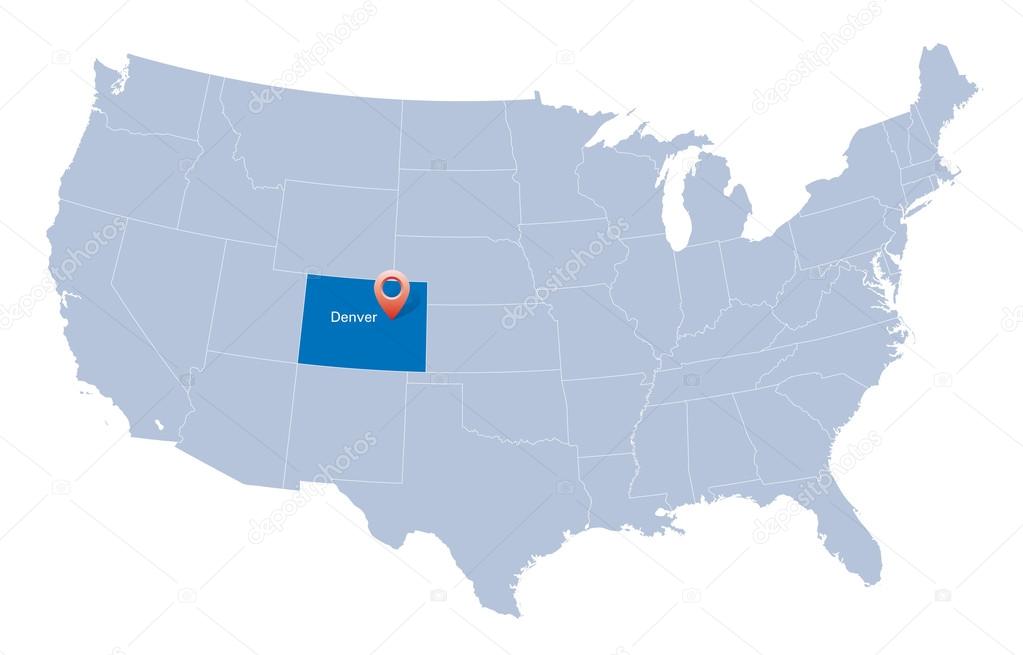 Map of USA with the indication of State of Colorado and Denver