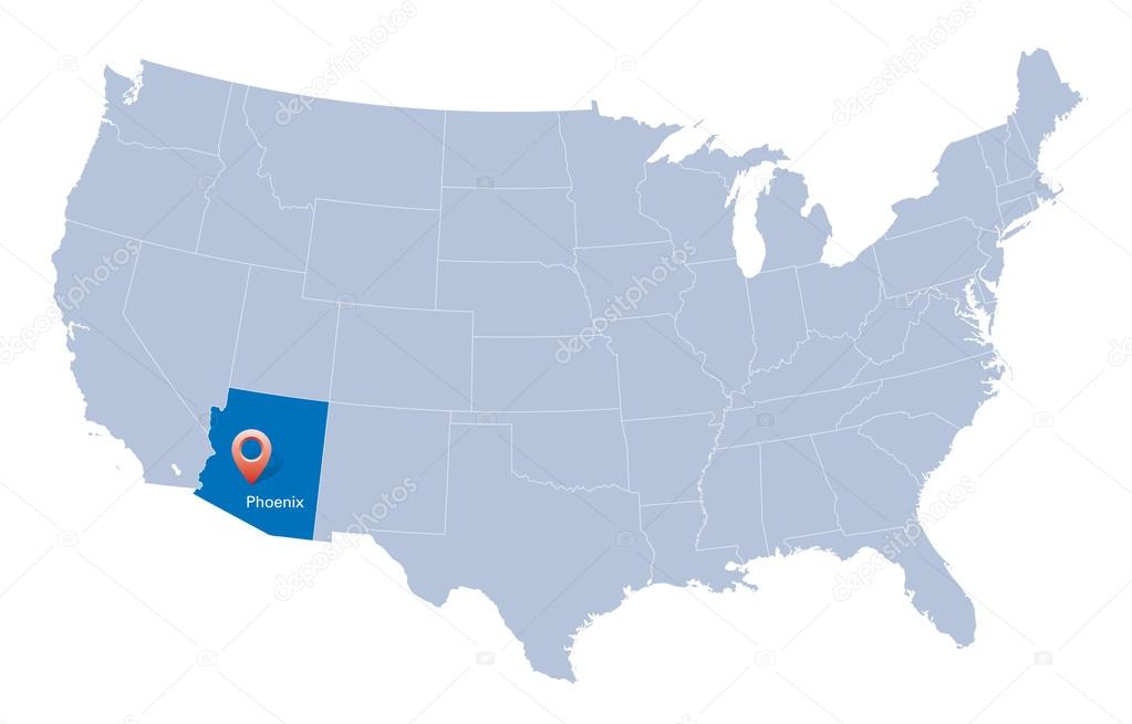 Map of USA with the indication of State of Arizona and Phoenix