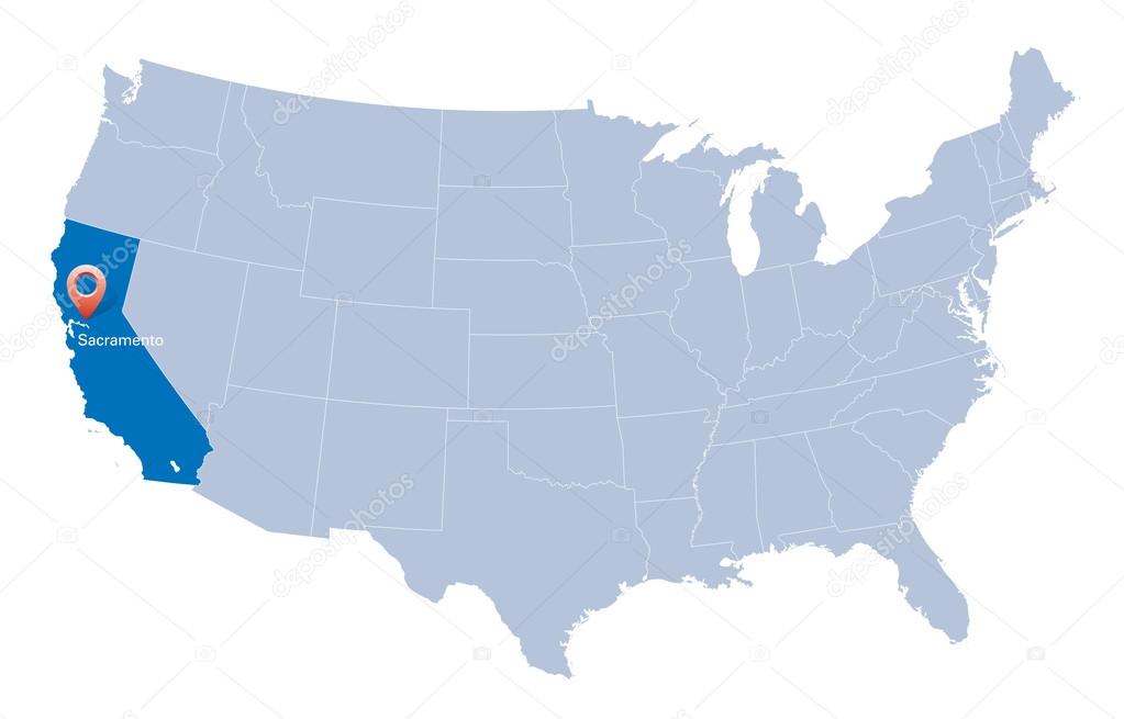 Map of USA with the indication of State of California and Sacramento