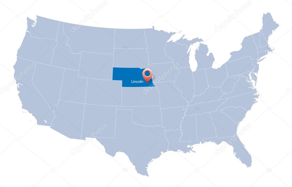 USA map with the indication of State of Nebraska and Lincoln