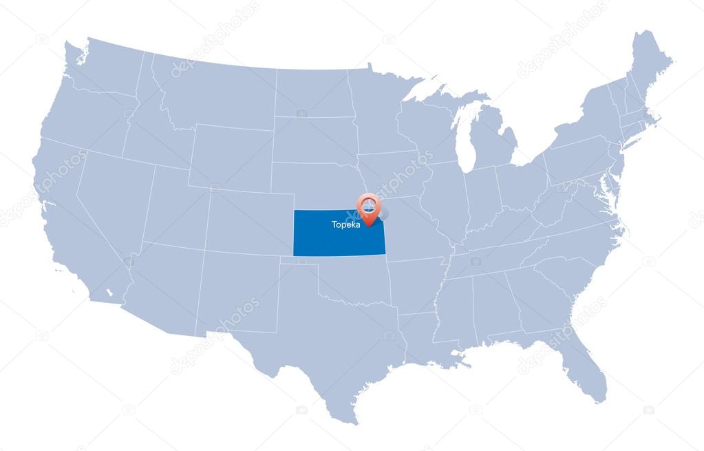 USA map with the indication of State of Kansas and Topeka town