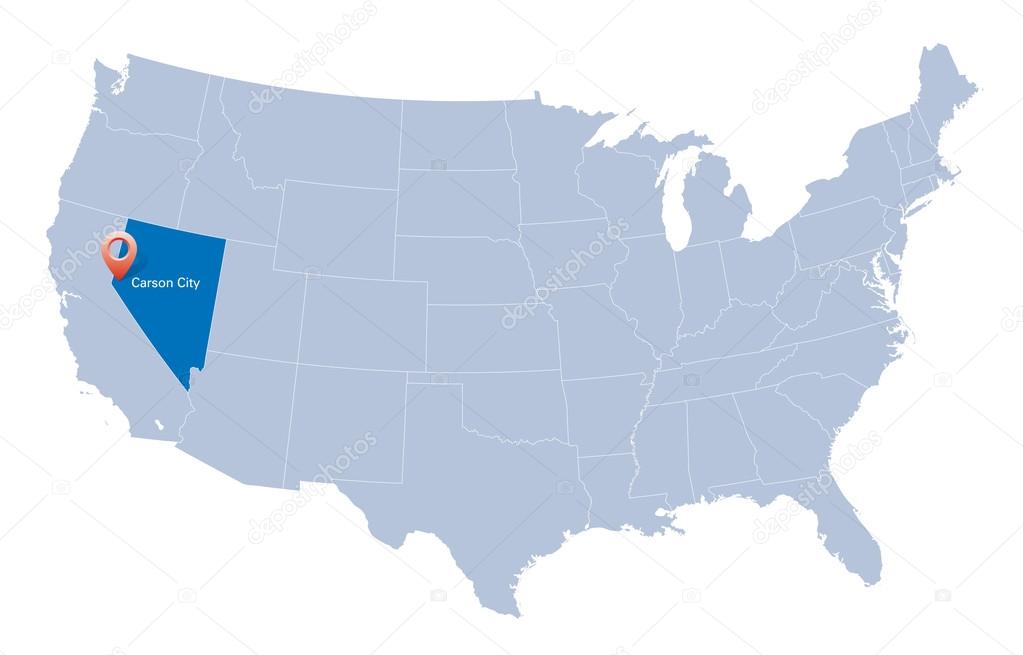 Map of USA with the indication of State of Nevada and Carson City