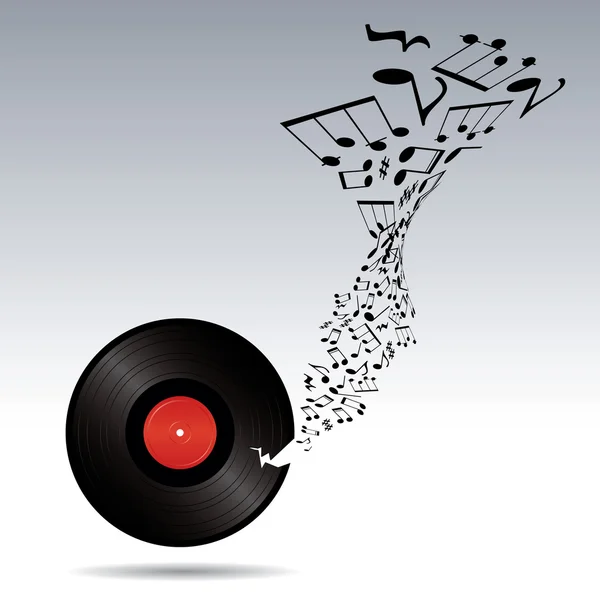 Les notes de musique décollent du vinyle cassé — Image vectorielle