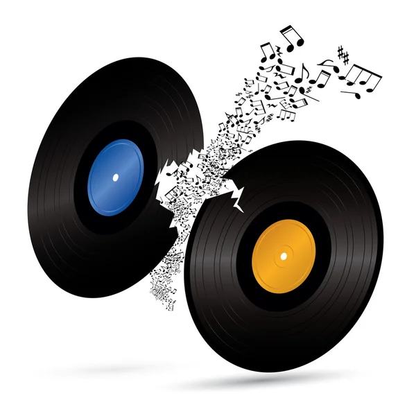 Two broken vinyls with music notes — Stock Vector