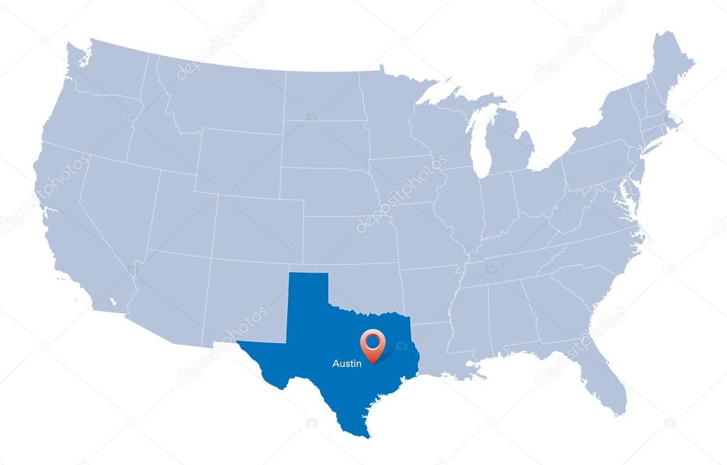 Map of USA with the indication of State of Texas and the capital