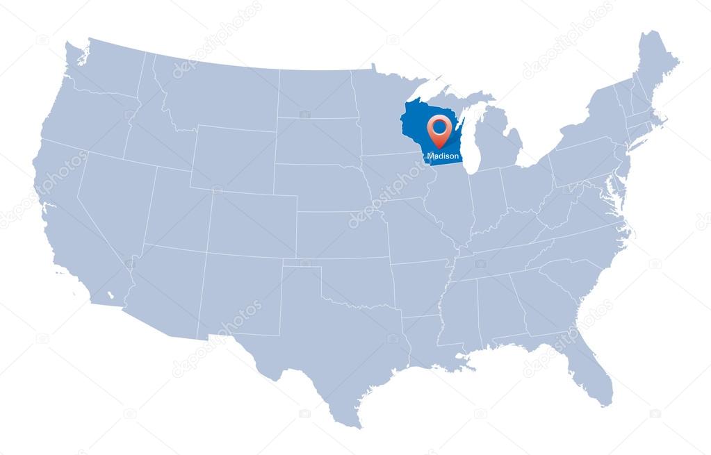 Map of USA with the indication of Wisconsin state