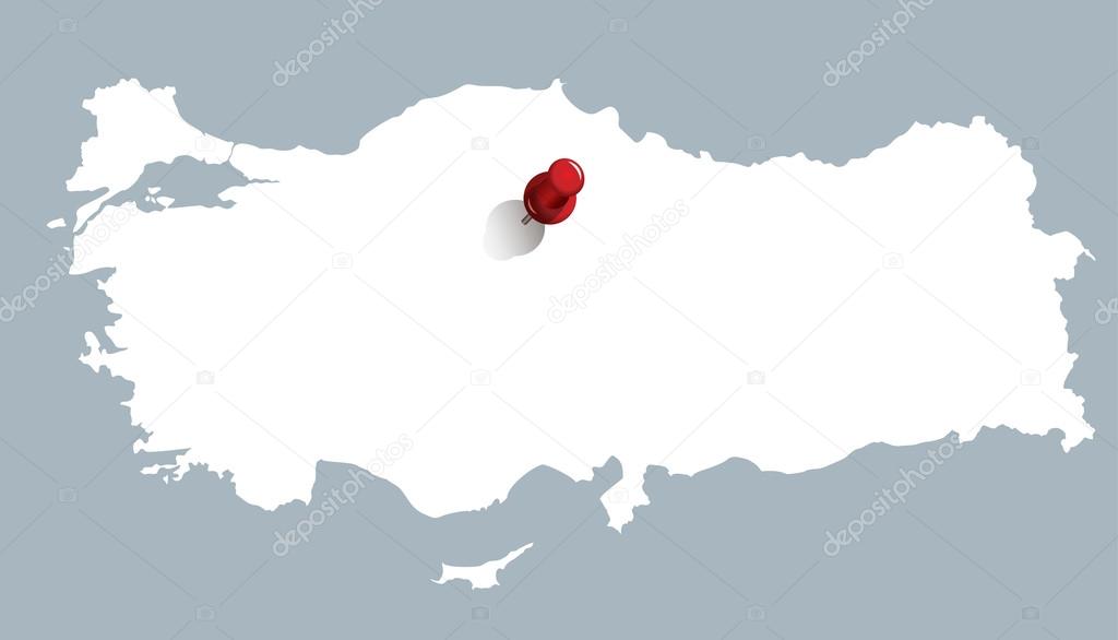 White map of Turkey with red push pin indicating the position of Ankara