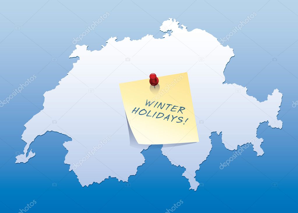 Map of Switzerland with yellow stick note with winter holiday text