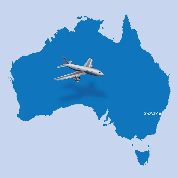 Letadlo nad modré mapa Austrálie, koncept letu do sydney — Stockový vektor