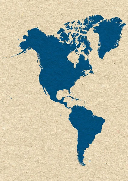 Mapa da América do Norte e do Sul azul sobre fundo de papel amarelo — Fotografia de Stock