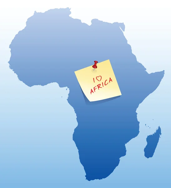 Mapa da África com cartão de nota de vara amarelo com Eu amo o texto África — Vetor de Stock