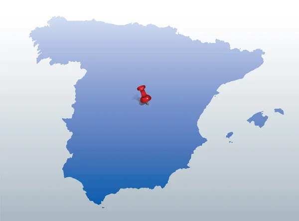 Blue map of Spain with red push pin indicating the position of Madrid — Stock Vector