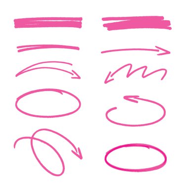 Set of pink hand drawn arrows signs and highlighting elements clipart