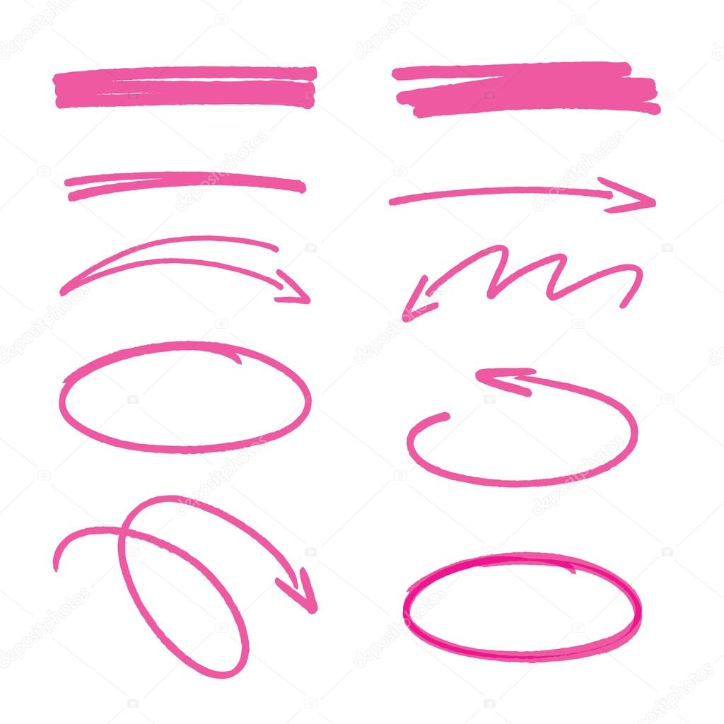 Set of pink hand drawn arrows signs and highlighting elements