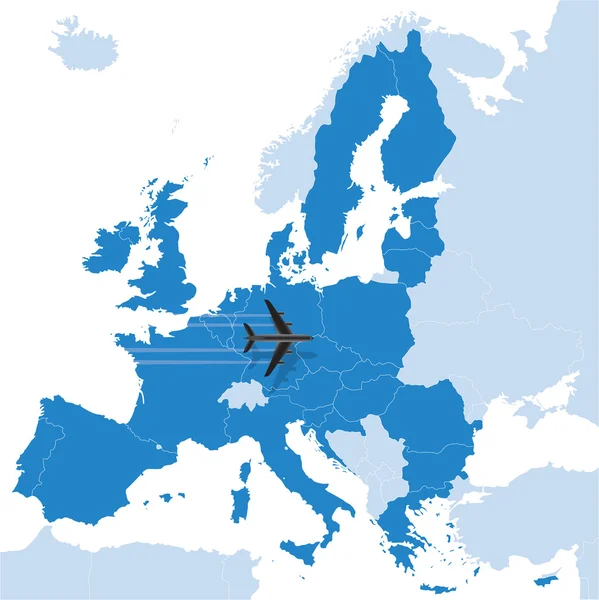 欧州連合の地図上の飛行機 — ストックベクタ