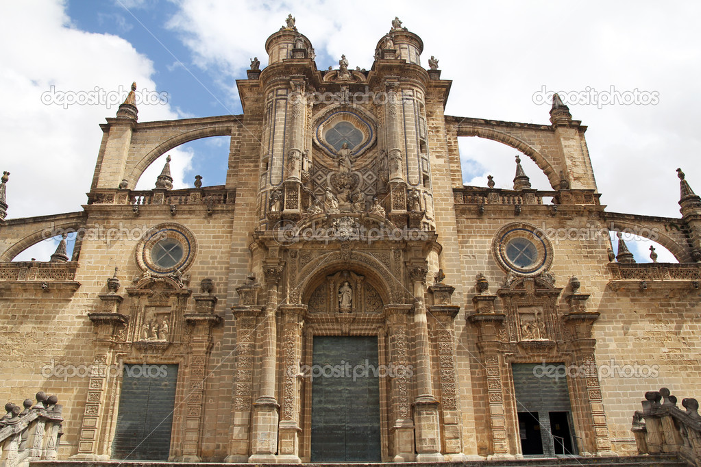 Front side of The Cathedral of San Salvador in Jerez de la Frontera, Spain