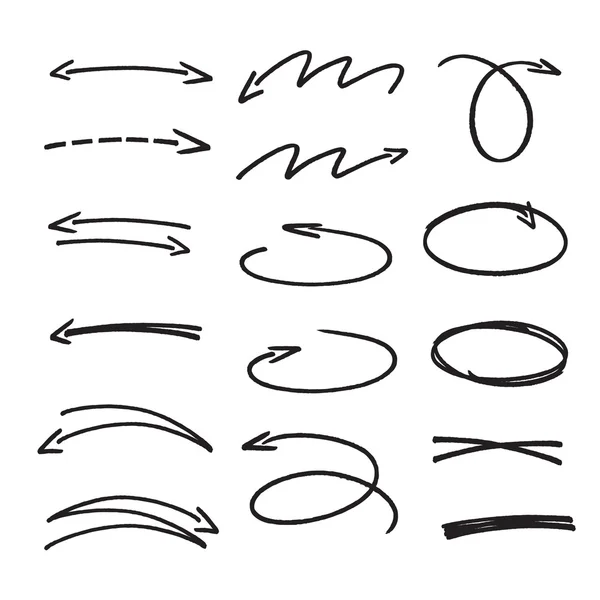 Set of black hand drawn arrows signs and highlighting elements — Stock Vector